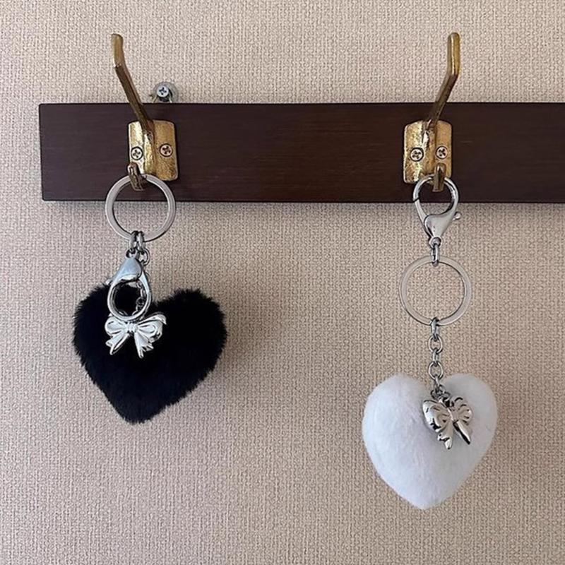 Delicate Bowknot Pendant Keychain Plush Heart Shape Keyring Stylish Phone Antilost Lanyard Decorations for Bag Backpack