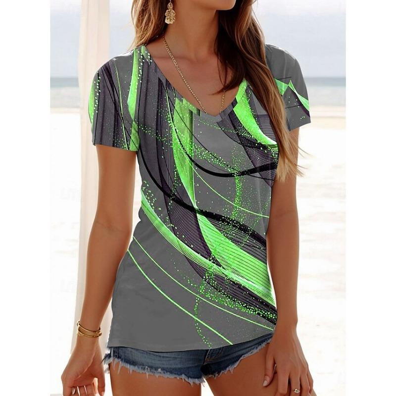 

Новая женская футболка с коротким рукавом свободного кроя с V-образным вырезом и цифровой 3D-печатью в европейском и американском стиле S