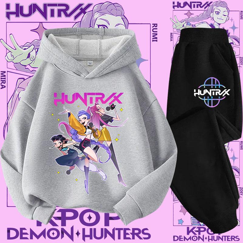 New K-pop Demon Hunter 3 - 12-year-old Girls' Sportswear 2-piece Cute Casual Top Children's Hooded Shirt Set with Cartoon Print