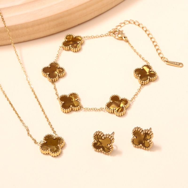 3PCS double-sided clover jewelry necklace bracelet earring set