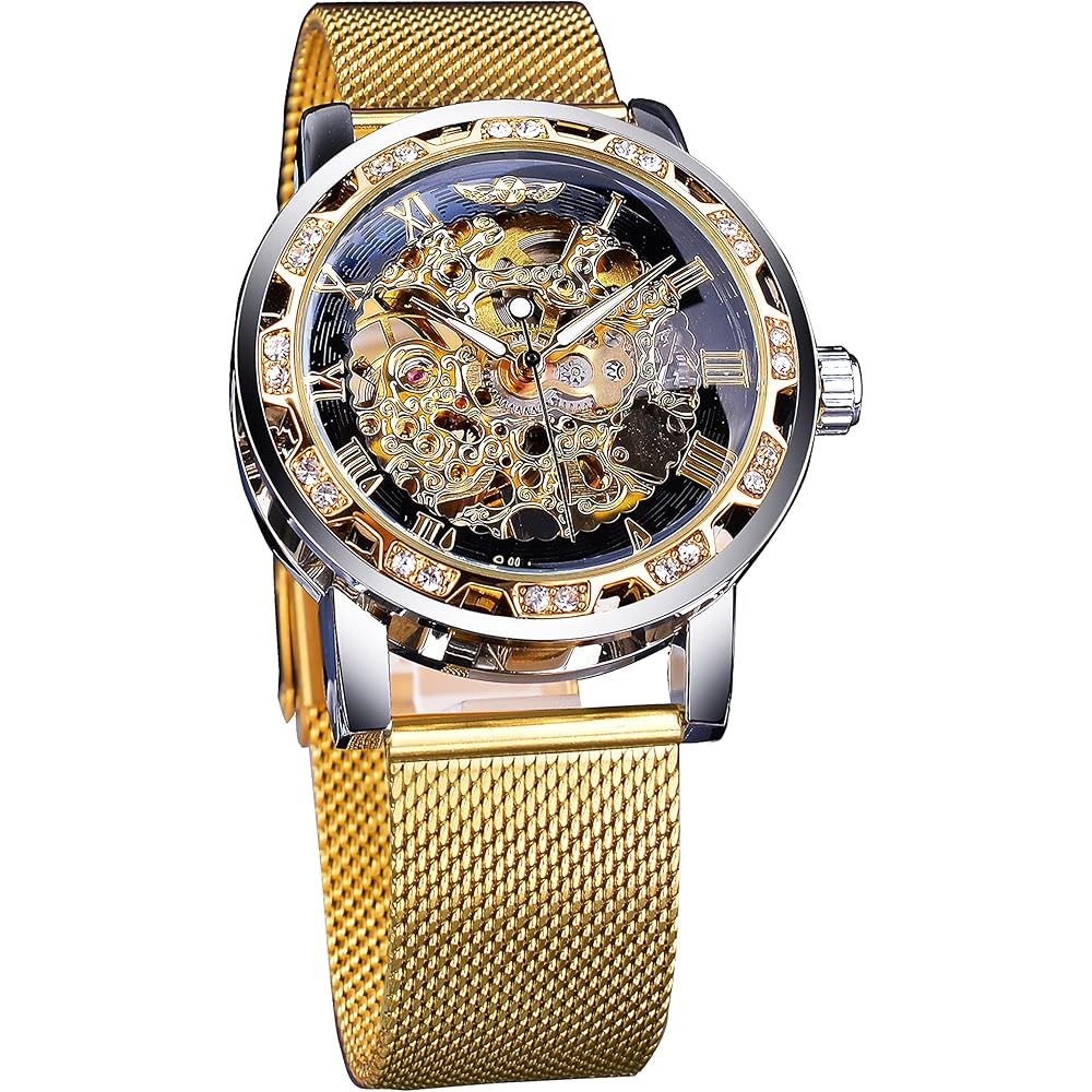 Winner Retro Manual Mechanical Skeleton Watch Diamond Carving Flower Craft Men s Wristwatch Classic Roman Numerals Gold