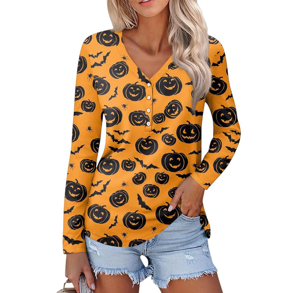 Women's Casual Fashion Sexy Comfort Halloween Printed V-Neck Button Long Sleeve