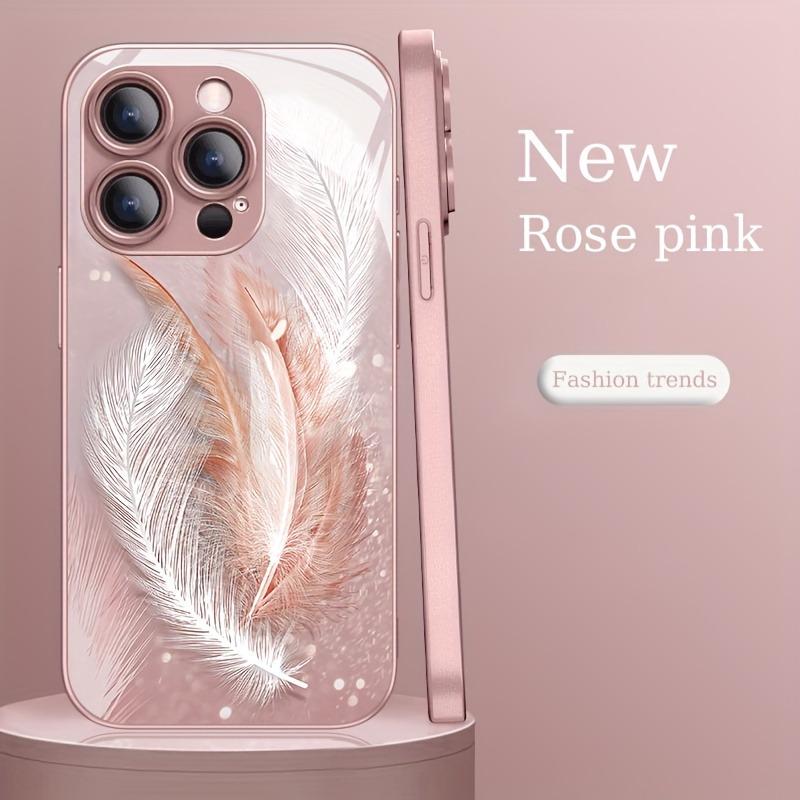 Stylish Dreamy Feather Pattern Pink Metallic Glass Phone Case For iPhone 11 12 13 14 15 16 17 Pro Max 15 Plus 17 Air 16E Cover