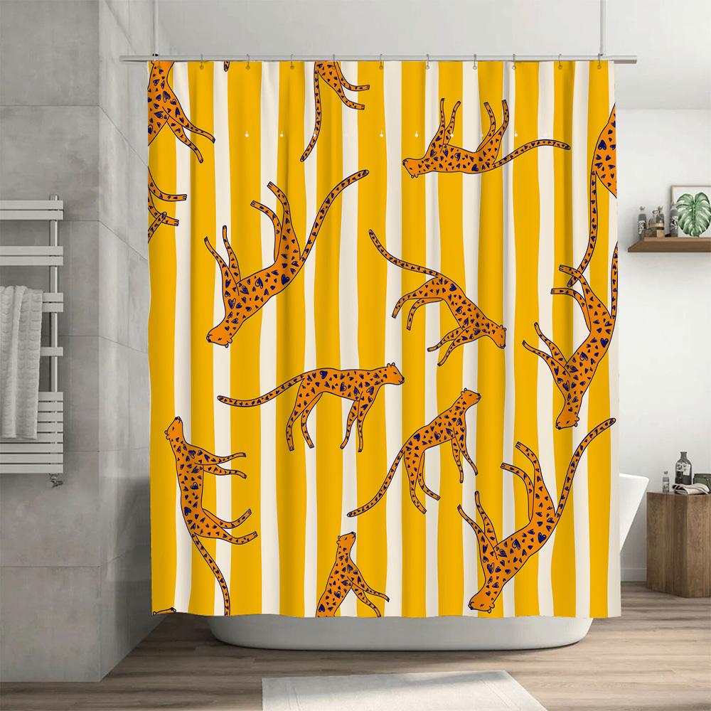 Yellow Striped Shower Curtain With Leaping Leopard Pattern Bathroom Decor For Home Decoration