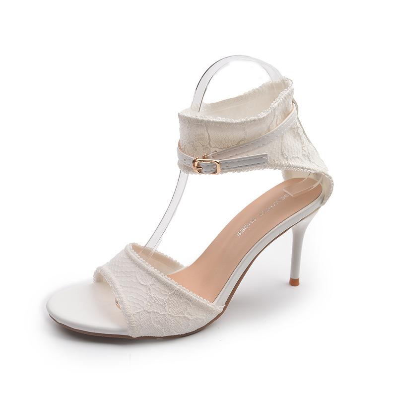 

Летние новые белые кружевные туфли на высоком каблуке со стразами, тонкий каблук, сексуальные женские босоножки с открытым носком для женской верхней одежды 40 белый