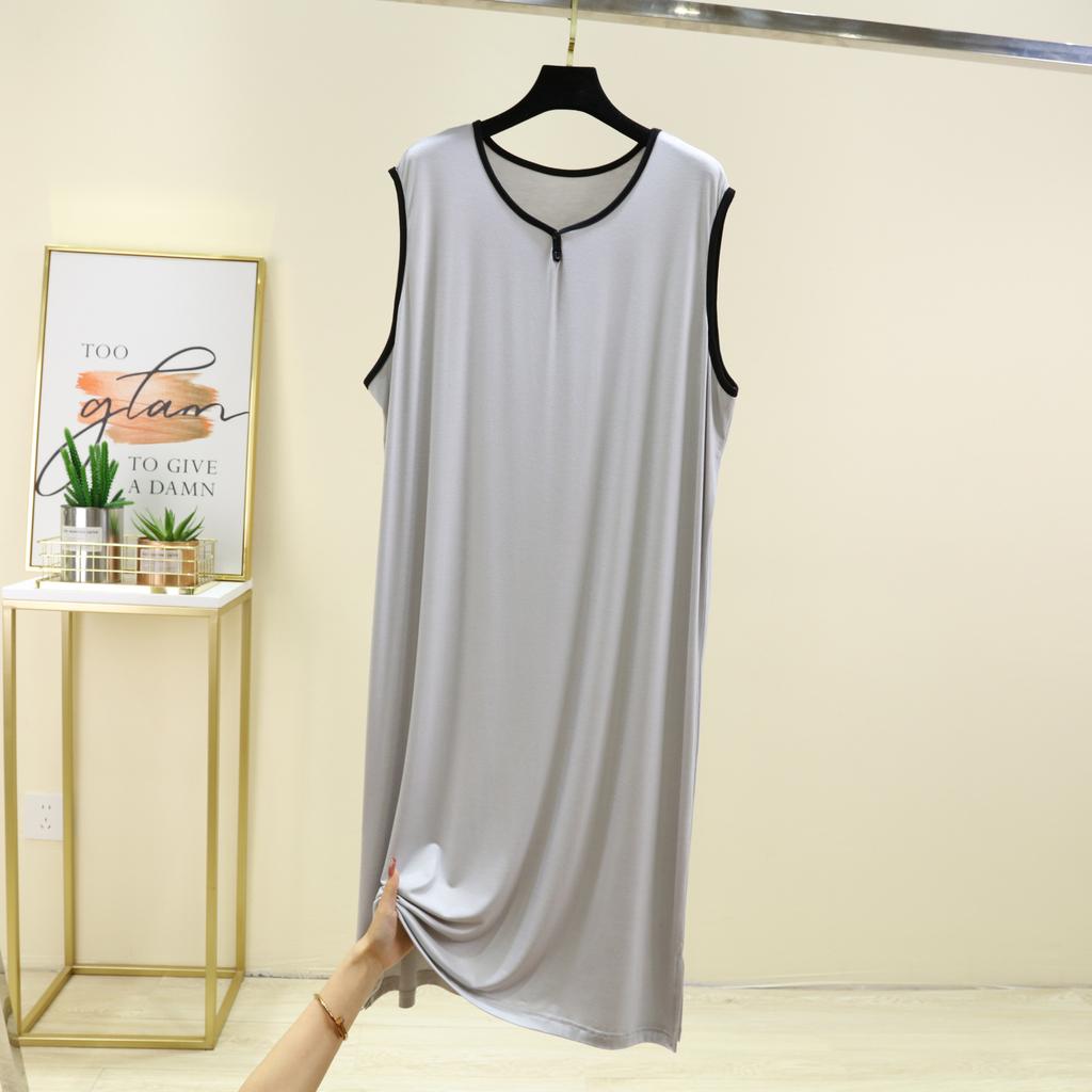 Men Modal Cotton Men Plus Size Night Gown for Summer Solid Color Thin Sleeveless Medium Long Loose Button Vest Style Dress