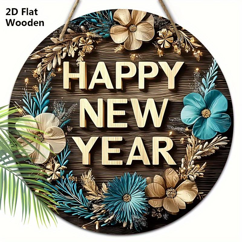 Artistic Happy New Year Wooden Sign - Wreath Round Sign for Front Door, Wall Hanging Decor - Ideal Festival Ornament
