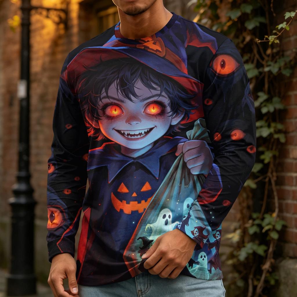 Men's Halloween Printed Crewneck Long Sleeve Top Casual Loose Fit