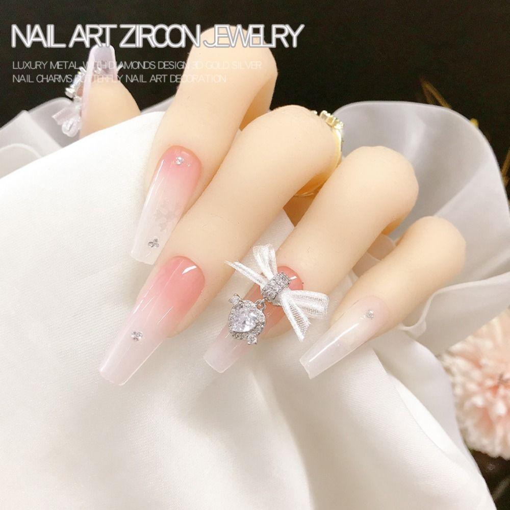 1 PCS Organza Bow Heart Zircon Pendant Nail Charms Lace Bow Love Nail Decorations  Nail Salon