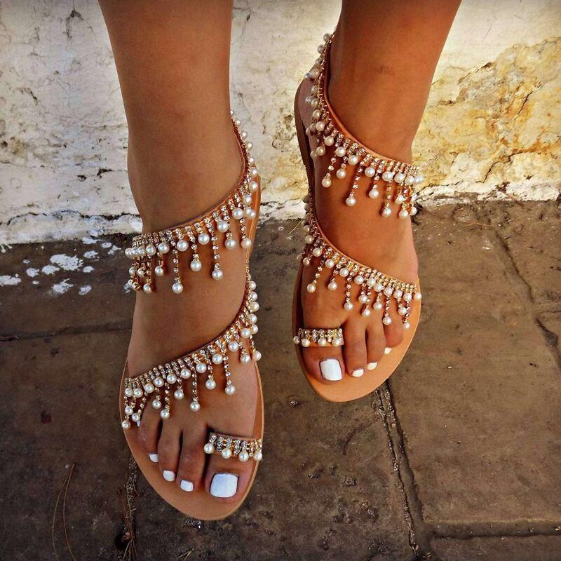 New Beaded Sandals Women's Spring Summer Bohemian Sandals Rhinestone Cover Toe Flat Beach Sandals