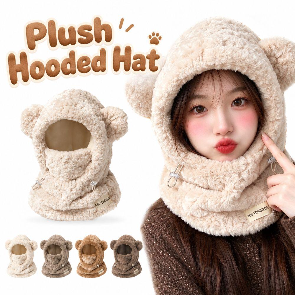 Adjustable Drawstring Hat Scarf Combo Thickened Warm Winter Balaclava Plush Hooded Hat for Women