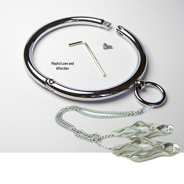 Metal Traction Collar with Nipple Clamps for BDSM Slave Training