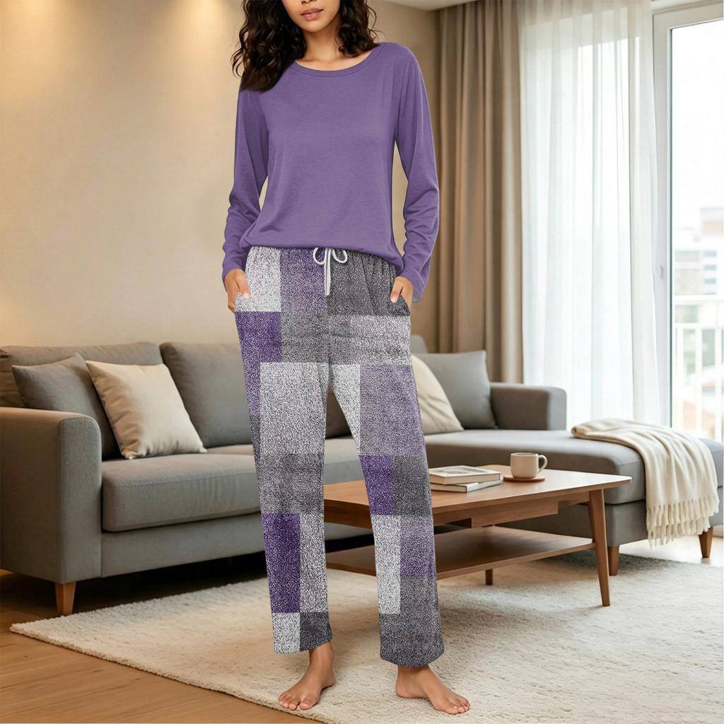 Damen Freizeit-Schlafanzug-Set mit Print, Rundhalsausschnitt und Lockerer Passform für Nachtwäsche und Loungewear