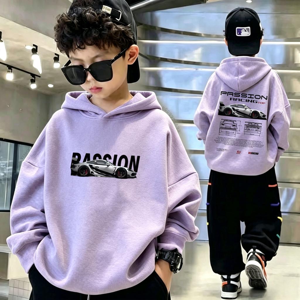 Kids Hoodie with Racing Car Print, Unisex Warm Pullover Hooded Sweatshirt, Boys Girls Oversized Long Sleeve Top Autumn Winter