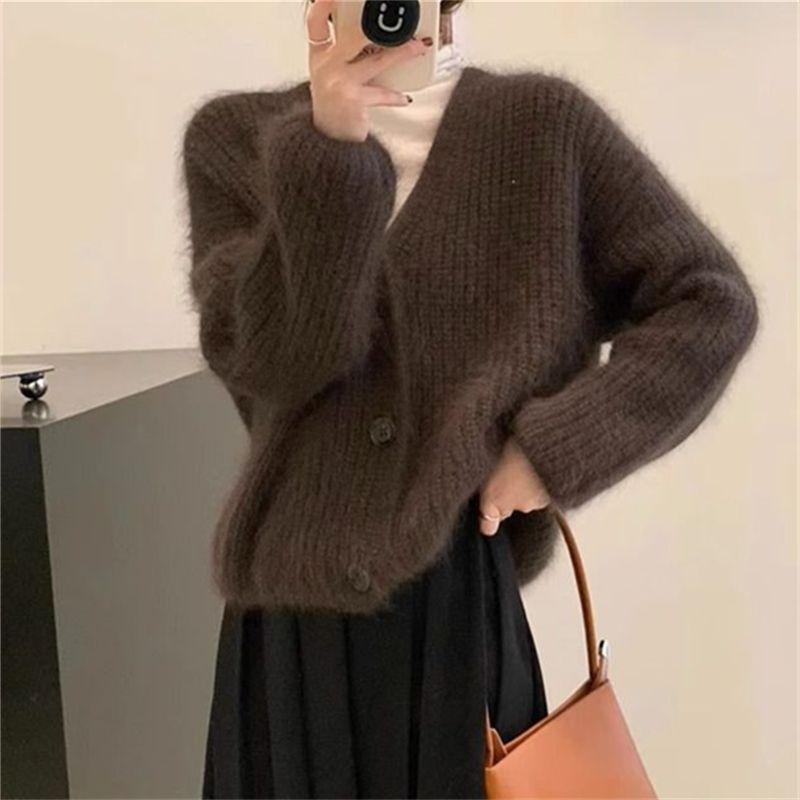Women's Japanese Soft Vibe Faux Mink Knit Cardigan V-Neck Long-Sleeve Sweater Jacket Office Casual Short Outer Top