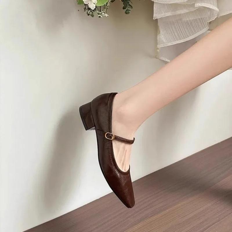 Low-heeled retro one-line buckle square-toed soft-soled chunk-heeled women's shoes 2025 new style shallow-mouthed single shoes