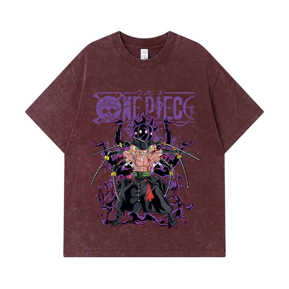 275 GSM Washed T-shirts 100% Cotton One Piece V65 Zoro Print Unisex Heavy Cotton T Shirt