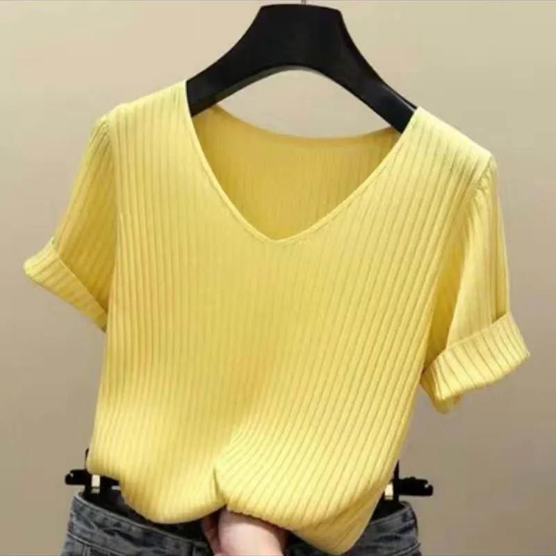 

Жіноча трикотажна футболка з коротким рукавом Ice Silk, вільна версія, великий розмір, повсякденний і зручний тонкий однотонний пуловер з круглим вирізом L жовтий