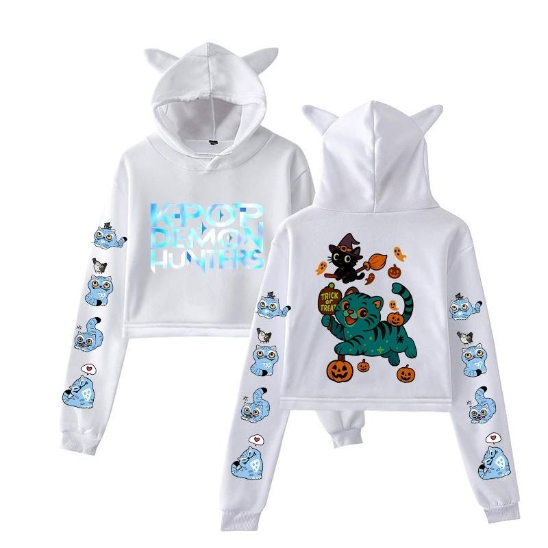 Heta KPop Demon Hunters Derpy Tigerkatt Kort Huvtröja Dam Långärmad Huvtröja Crop Tops Vardaglig Streetwear Kläder