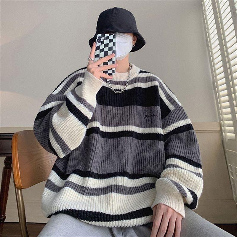 Japanese Vintage Idle Style Color Block Striped Sweater Men Women Autumn Winter Design Sensibility Niche Outer Wear Knitted Top
