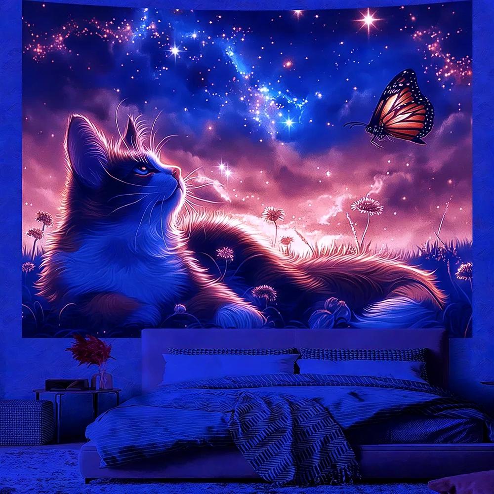 Glowing Cat Themed Tapestries Uv Reaction Tapestry Background Decoration Wall Hanging Bedroom Party Decoration