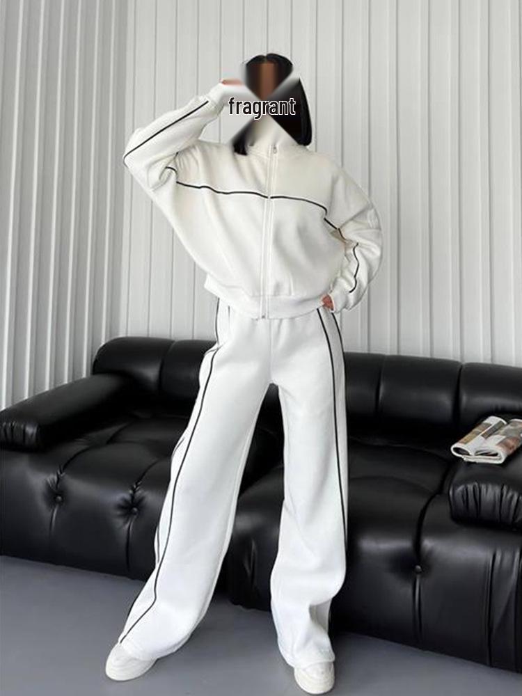 European and American Casual Set with Long Sleeve Cardigan Hoodie and Lace-up Striped Pants