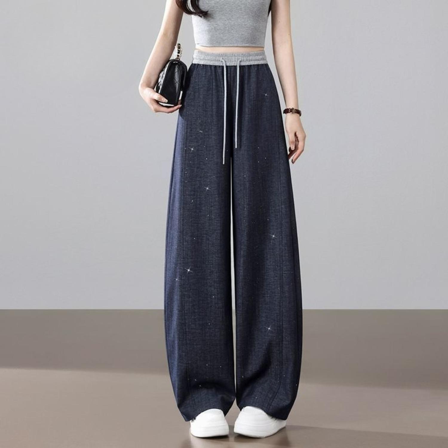 Women s High Waist Straight Jeans Loose Fit Rhinestone Sparkly Casual Denim Pants M синий