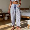 Summer Pants, Casual Wide Leg Trousers for Women, Elastic Drawstring Waist Long Trousers with Striped Print, for Everyday Wear