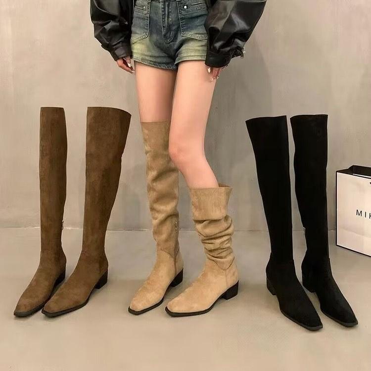 Thick High-heeled Pointed-toed Skinny Knee-length Knight Boots Women's New Spring, Autumn and Winter Khaki Stacked Retro Boots