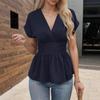 Summer Women's Solid Color V-neck Waist Gathered Pleated T-shirt Short Sleeve Casual Top