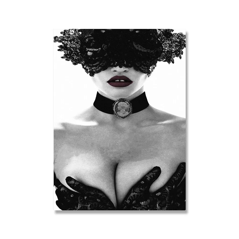Black White Angel Wings Fashion Poster Nude Woman Wine Glass Canvas Print Painting Sexy Beautiful Girl Vintage Picture Home Deco