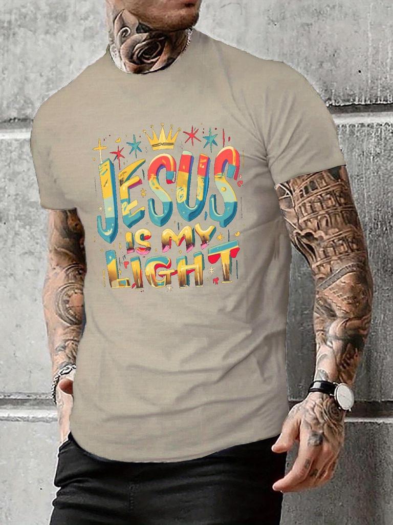 Mens Jesus is My Light GraffitiStyle TShirt  Casual Crew Neck Short Sleeve Polyester Machine Washable
