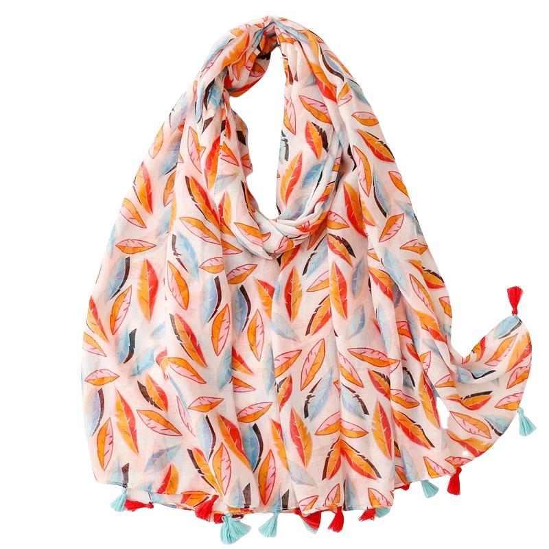 

Шарф ручной работы из хлопка и льна, женский шарф-шаль с кисточками и принтом в виде ярко-желтых листьев и фруктов 180x88