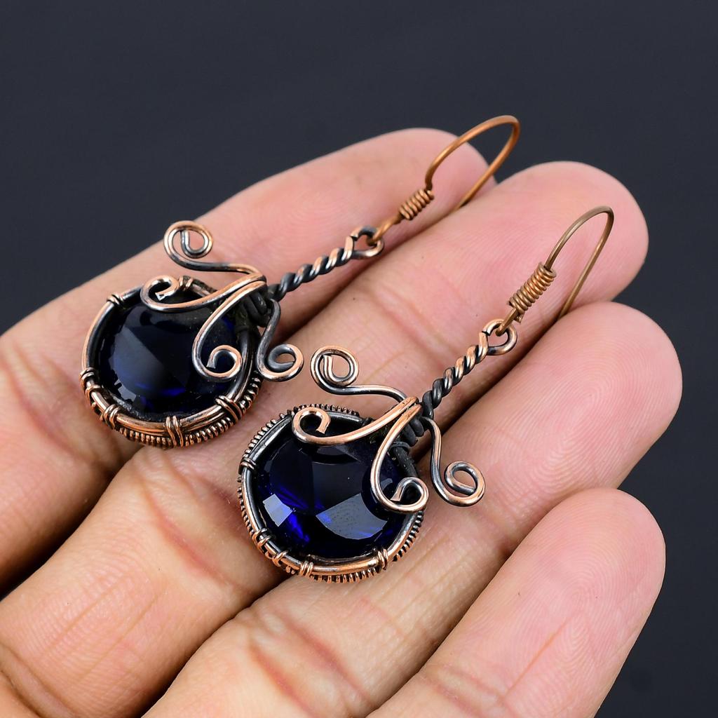 Blue Sapphire Earrings, Handmade Gemstone Earrings, 999 Copper Wire Wrapped Earrings Antique Jewelry, For Engagement Gift
