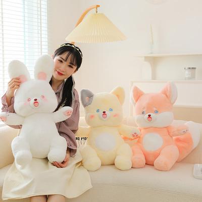 New Cute Beckoning Series Plush Toy Rabbit Cat Throw Pillow Children Soothing Fox Cushion Scratching Machine Doll Gift