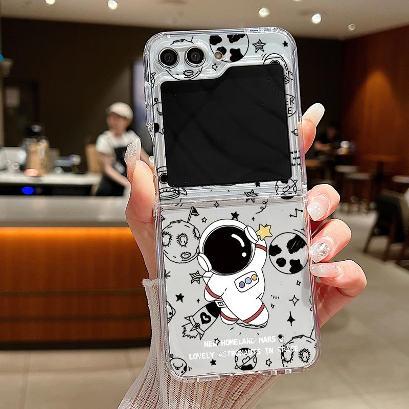 2pcs Astronaut Pattern Folding Shell For Samsung Galaxy Z Flip6 Flip5 Flip4 Flip3 Planet Clear Shockproof Slim Phone Case Cover