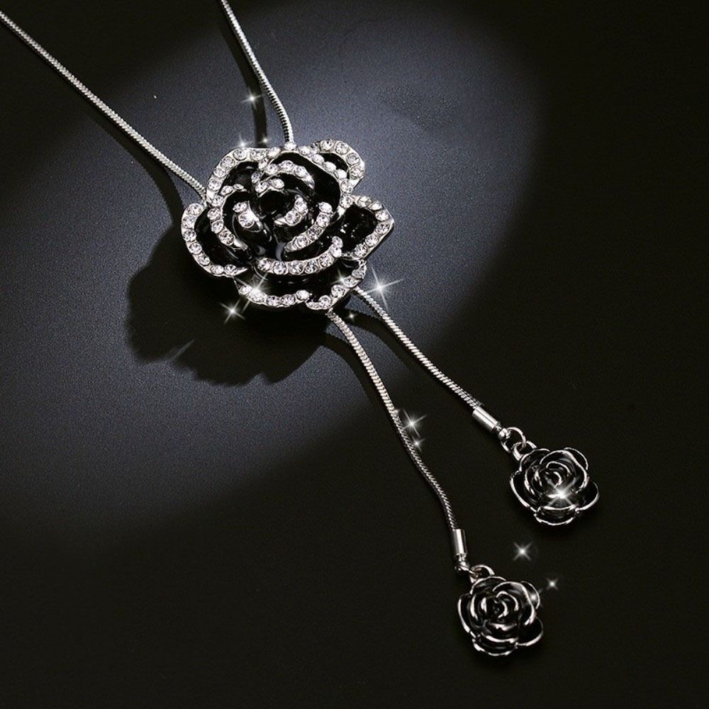 Rose Blume Schwarz Halskette Roségold Damen Lange Halskette Einzigartige Strassstein Halskette Mädchen