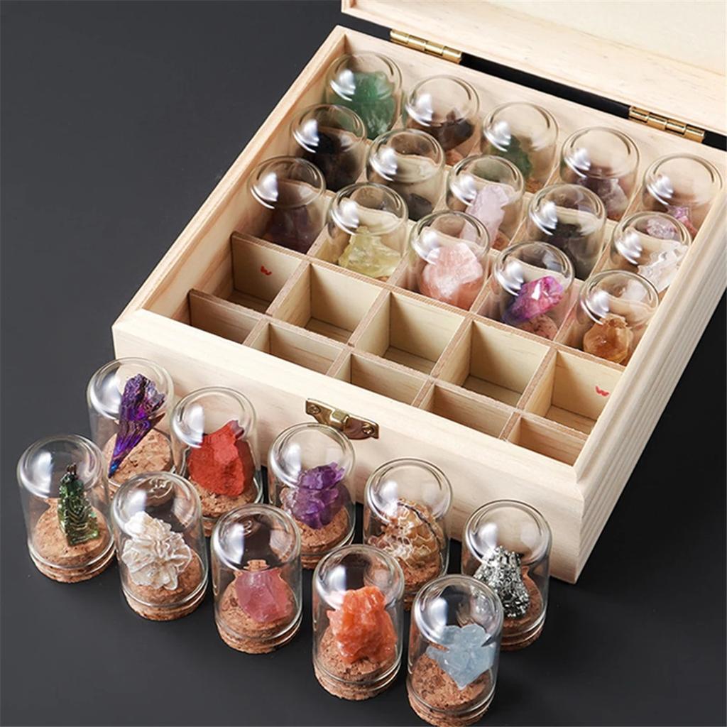 25Pcs Natural Crystal Quartz Mineral Set With Glass Display Jar Wooden Gift Box Teaching Collection Specimen Decorative Ornament