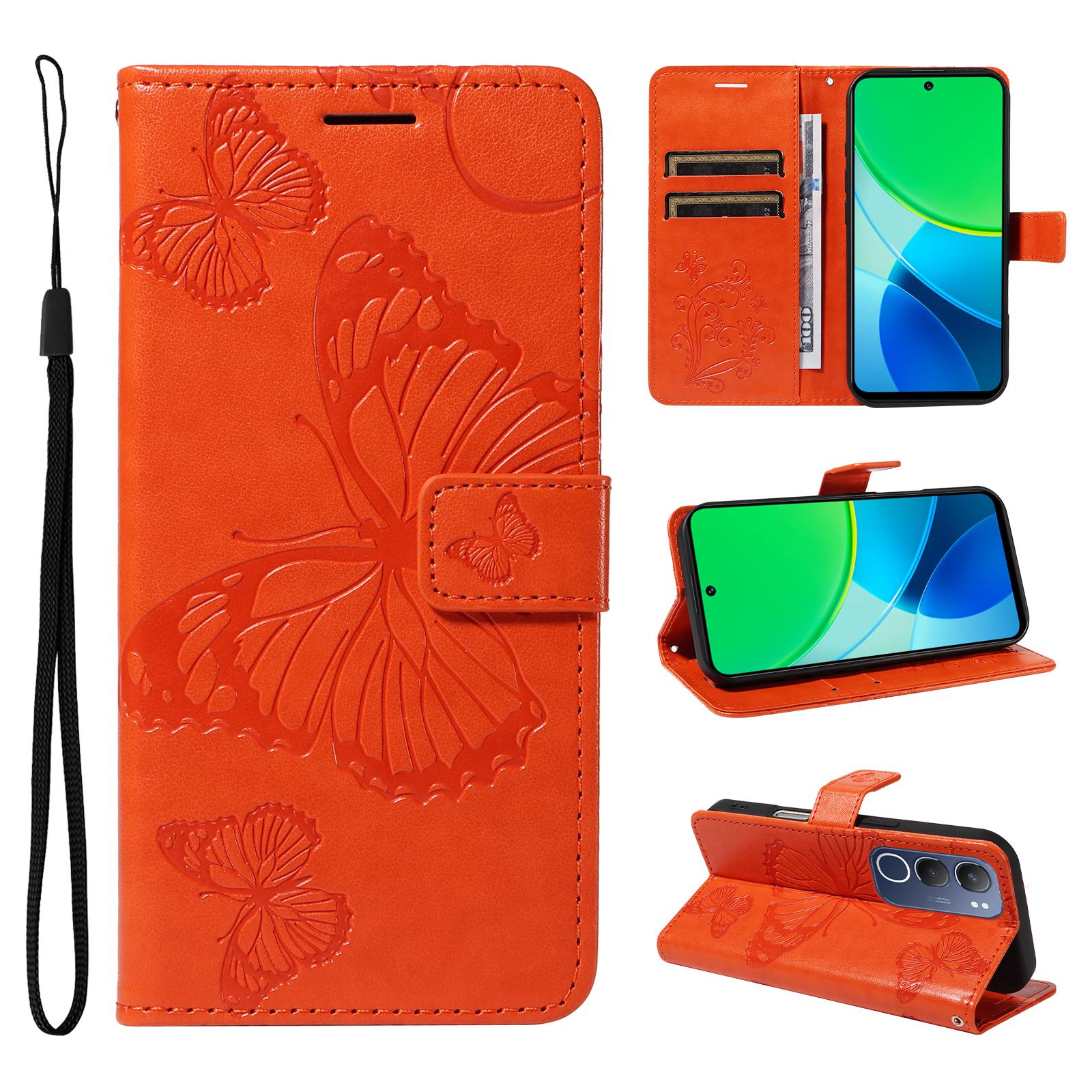

For vivo Y19s 4G Wallet Case Floral Butterfly Imprinted Leather Phone Cover Stand Orange