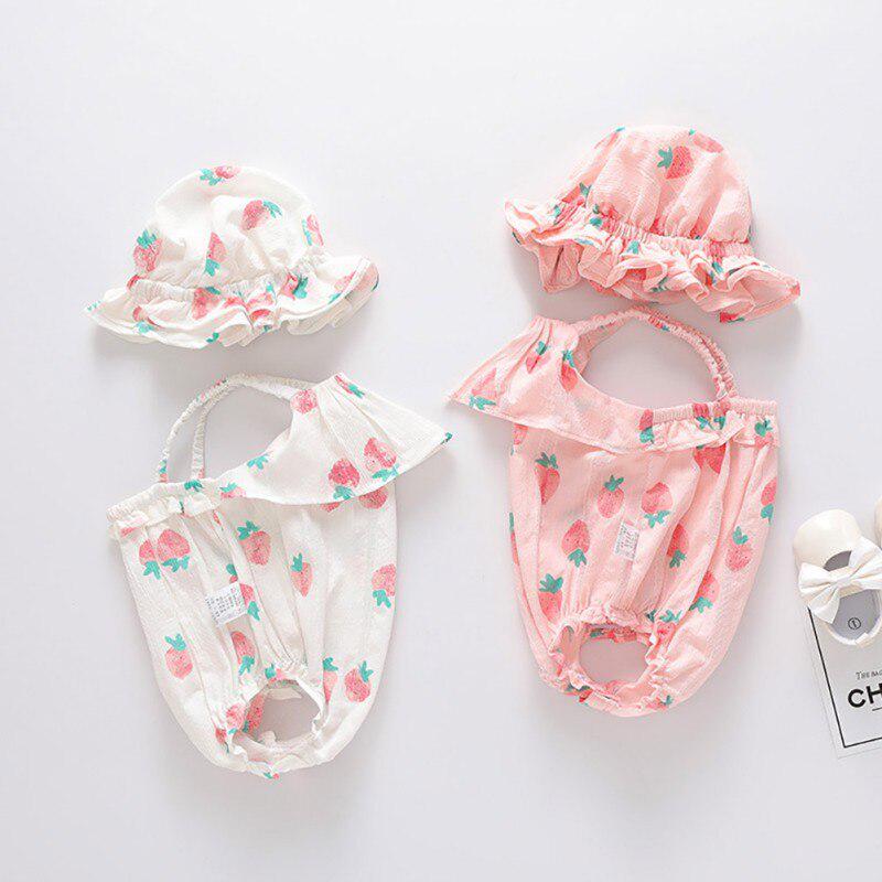 Baby Mädchen Sommer Ärmellose Schlinge Baumwolle Drucken Niedliche Einteilige Overall Strampler + Hut