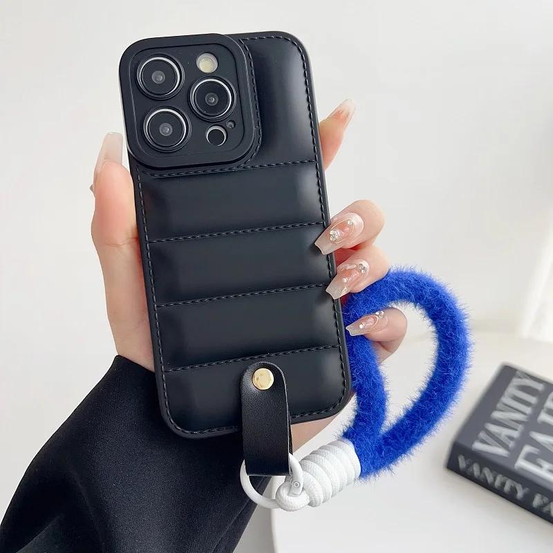 Fashion Down Jacket Phone Case For IPhone 16 Pro 15 14 13 12 Pro Max 11 Pro X XS Max Soft With Lanyard Protection Back Cover