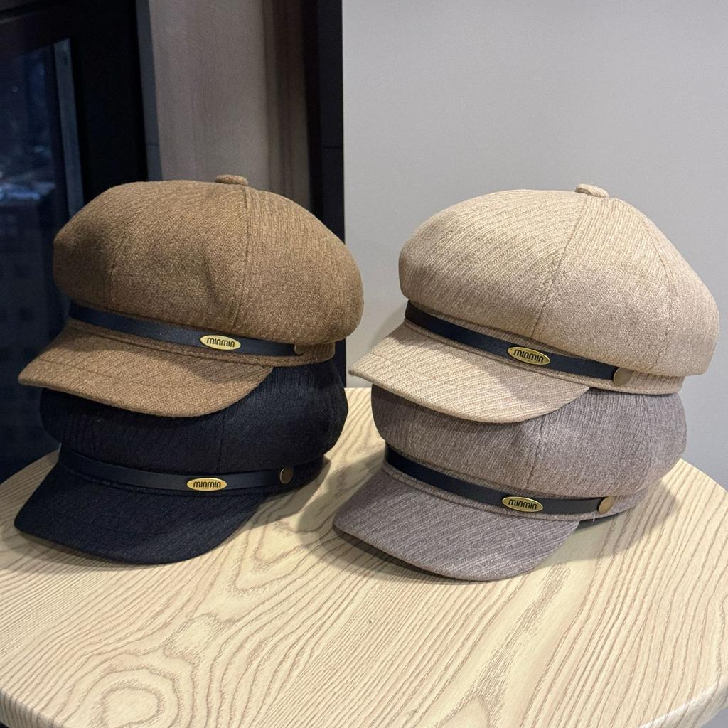 Retro Letter Small Label Belt Woolen Octagonal Hat for Women in Spring and Autumn Versatile Face showing Beret