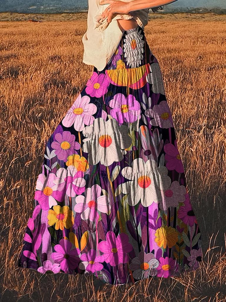 Europäischer & Amerikanischer Damen Blumen Bohemian Halber Rock mit Breitem Saum & Elastischem Bund
