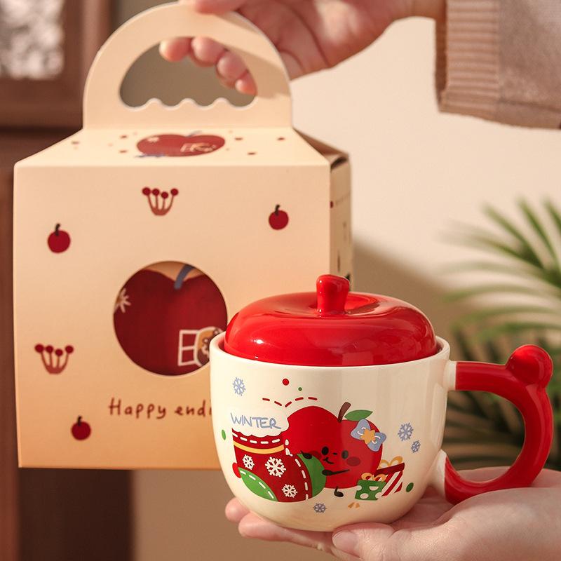 Apple High-value Water Cup Girls Ceramic Mug with Lid Christmas Coffee Breakfast Cup Birthday Gift Souvenir