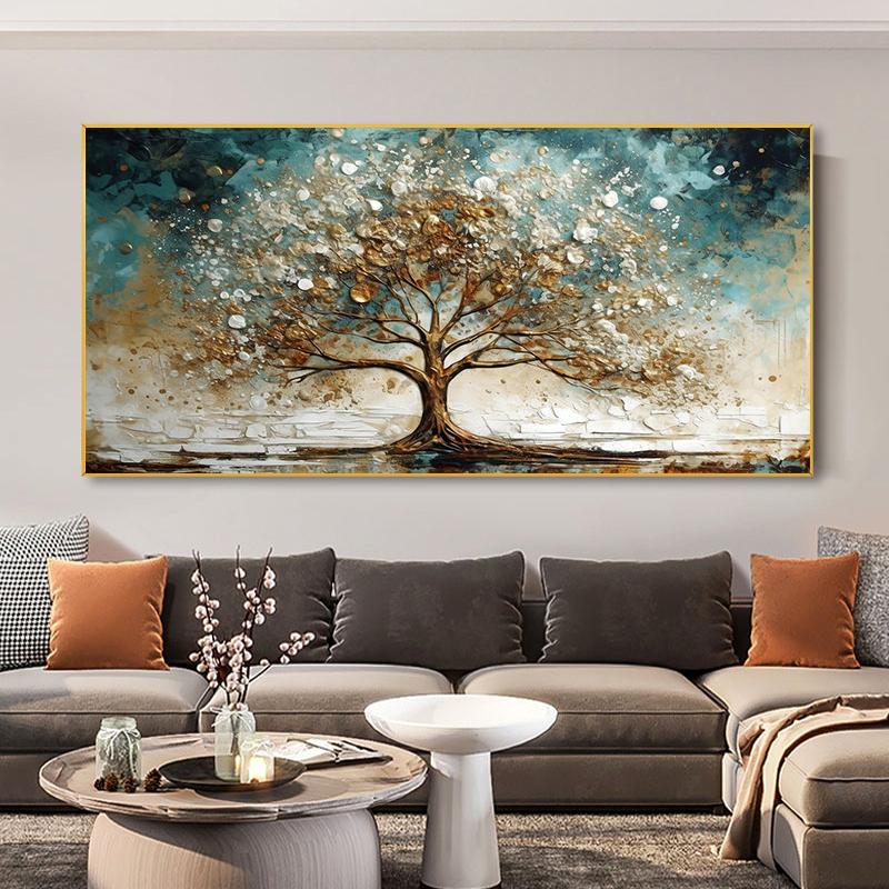 Abstract Gold and Blue Winter Tree Canvas Painting Wall Art Rich Tree Posters Landscape Picture for Living Room Wall Decor