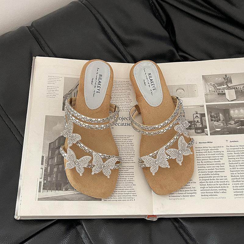 

Мода универсальный изысканный страз-бабочка со шлепанцами лето новый носить педаль сандалии женские высокие каблуки 40