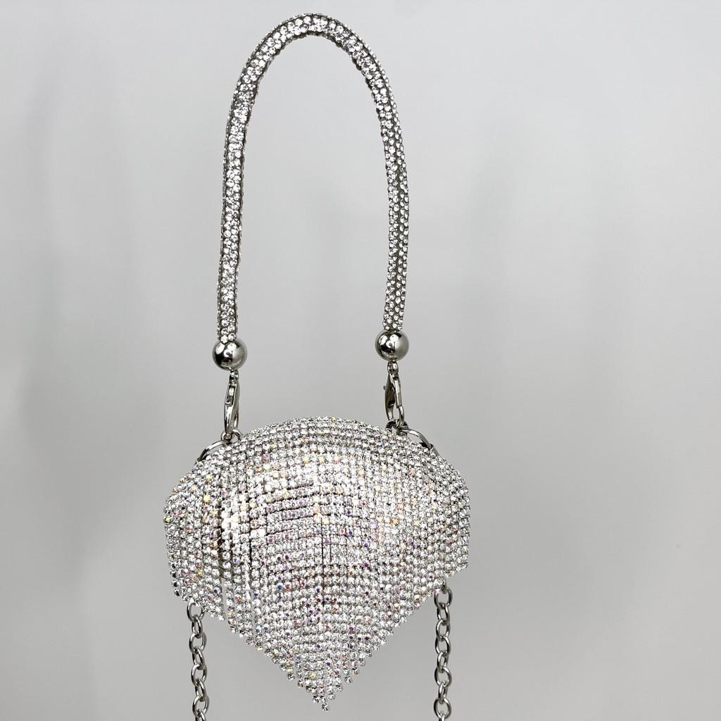 Metal Mini Shell Bag With Glitter Fringe And Magnet Closure For Daily Fashion