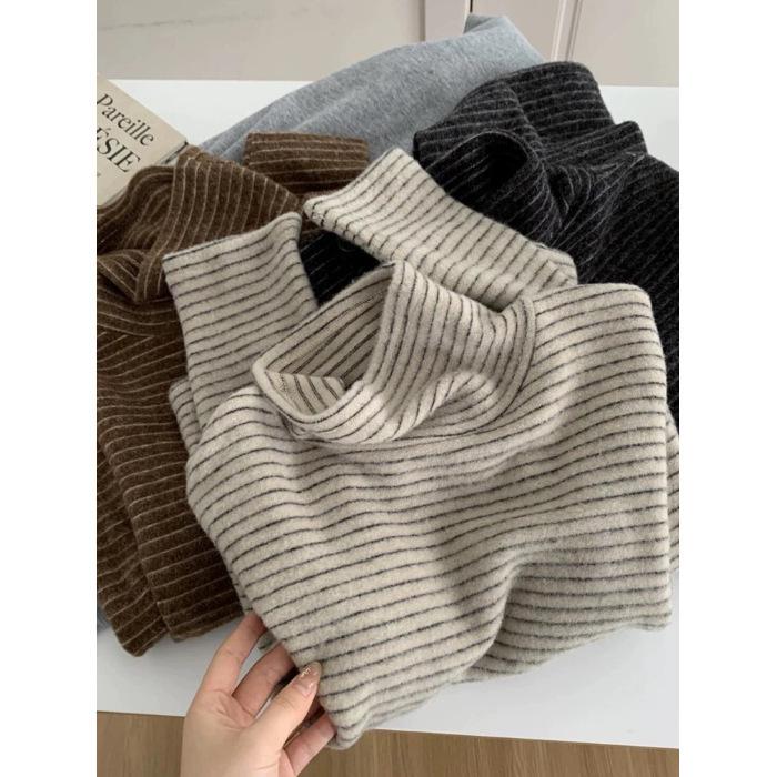

Women s Korean Striped High Neck Plush Layered Long Sleeve T-shirt for Autumn Winter XXL