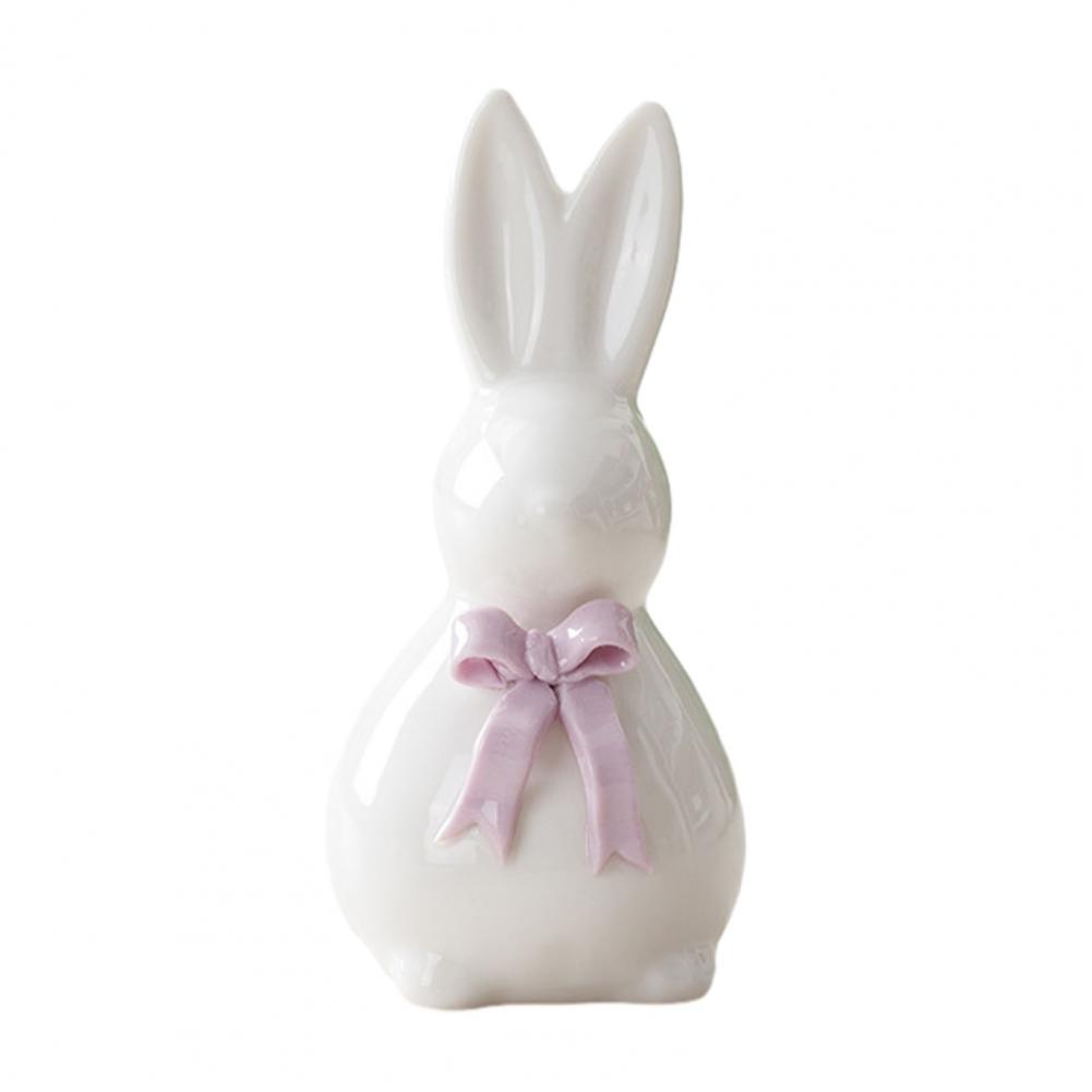 

12cm Ceramic Bow Rabbit Figurine Easter Mini Bunny Statue Spring Easter Home Office Holiday Bow-Tied Party Decoration Ornament