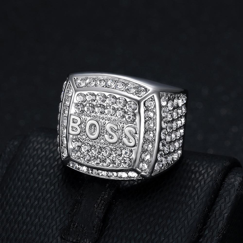 Ring ny hiphop-ring diamant firkantet BOSS-bokstav herrering